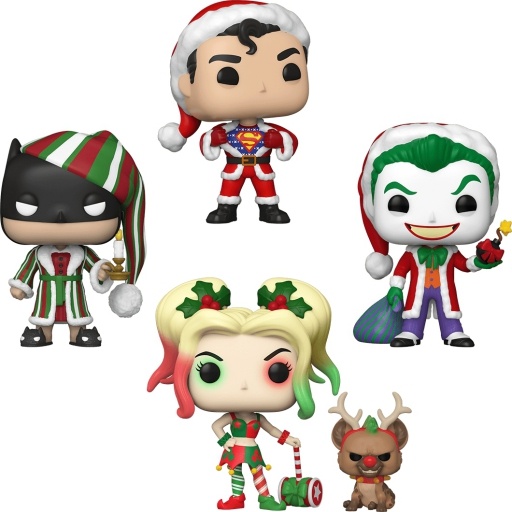 Figurine Funko POP Superman en pull de Noël, Batman en Ebenezer Scrooge, Le Joker en père Noël & Harley Quinn en lutin de Noël (DC Super Heroes)