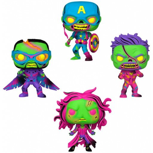 Figurine Funko POP Zombie Captain America, Zombie Iron Man, Zombie Falcon & Zombie Scarlet Witch (Black Light)
