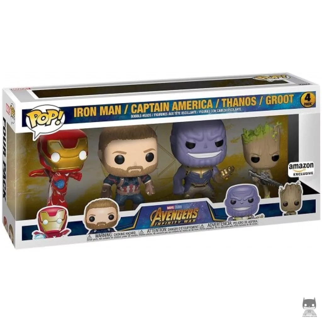 Figurine Funko POP Iron Man, Captain America, Thanos & Groot avec boîte