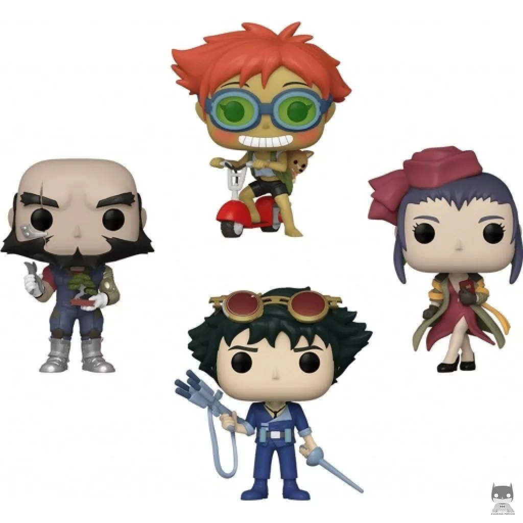 Figurine Funko POP Spike Spiegel, Jet Black, Faye Valentine & Ed & Ein sur scooter (Cowboy Bebop)
