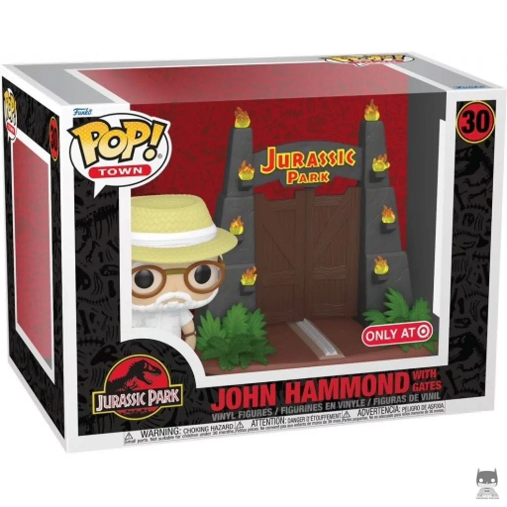 Figurine Funko POP John Hammond devant portes Jurassic Park avec boîte