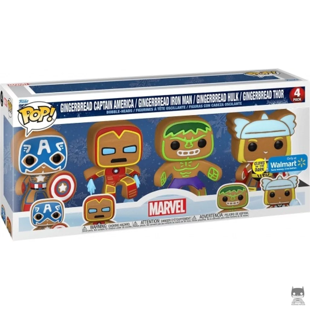 Figurine Funko POP Captain America, Iron Man, Hulk & Thor Pain d'Epices (Glow in the Dark) avec boîte