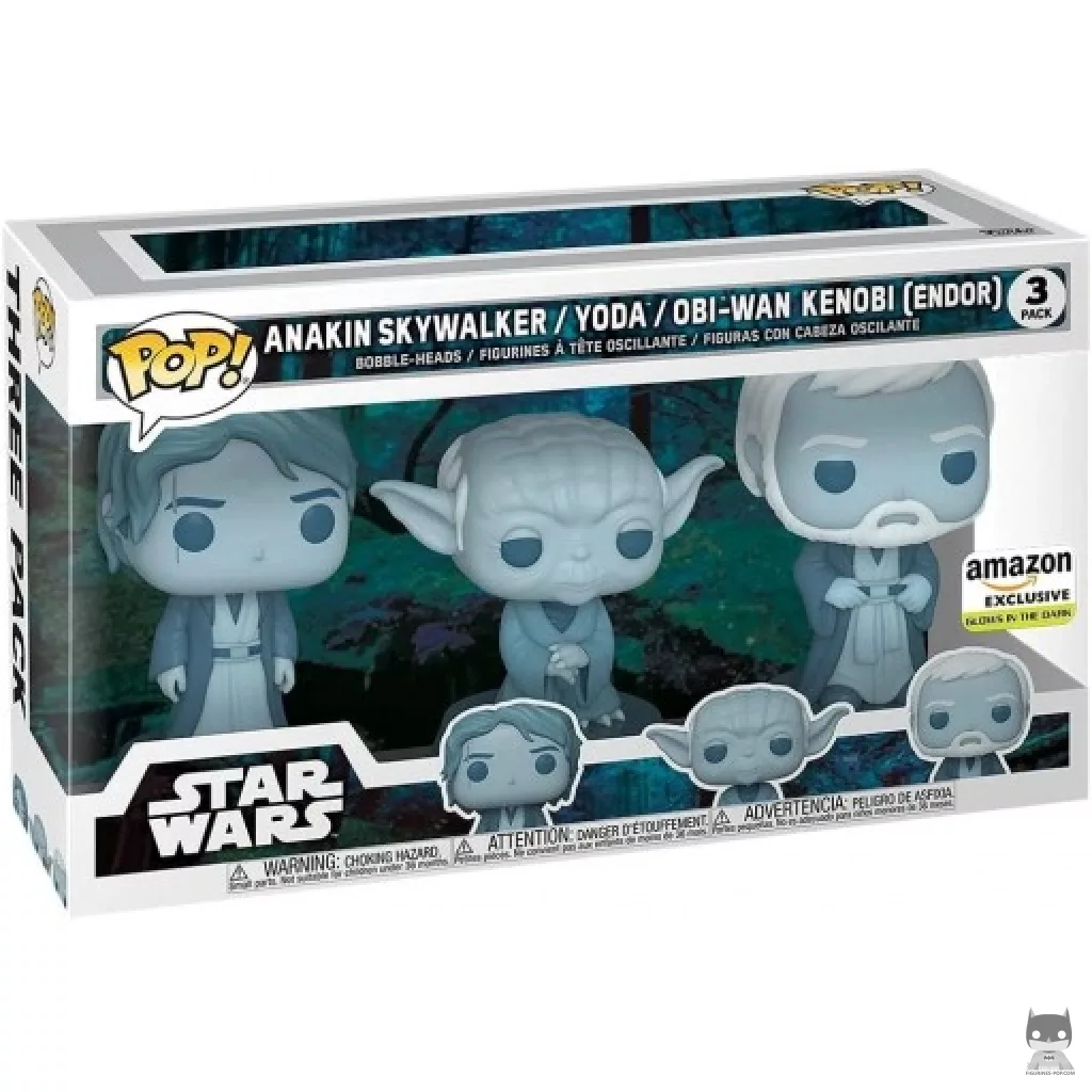 Figurine Funko POP Fantômes de la Force : Anakin Skywalker, Yoda & Obi- Wan Kenobi (Endor) (Glow in the Dark) avec boîte
