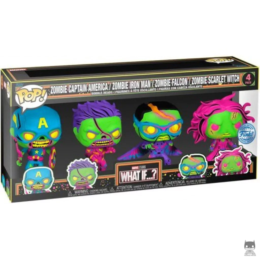 Figurine Funko POP Zombie Captain America, Zombie Iron Man, Zombie Falcon & Zombie Scarlet Witch (Black Light) avec boîte