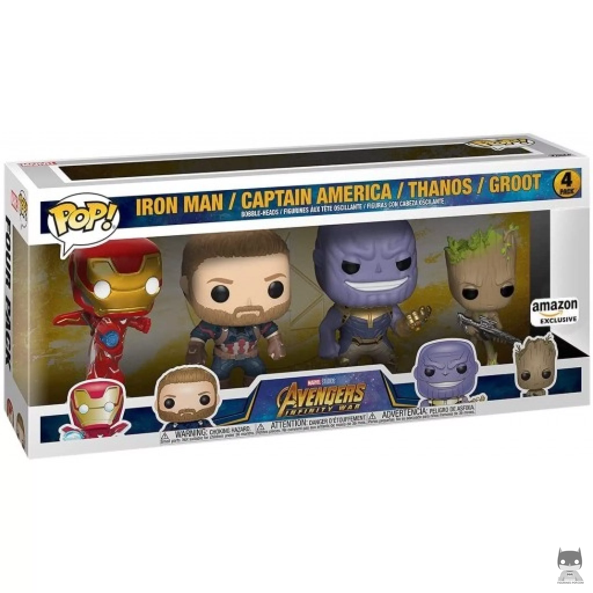 Figurine Funko POP Iron Man, Captain America, Thanos & Groot avec boîte