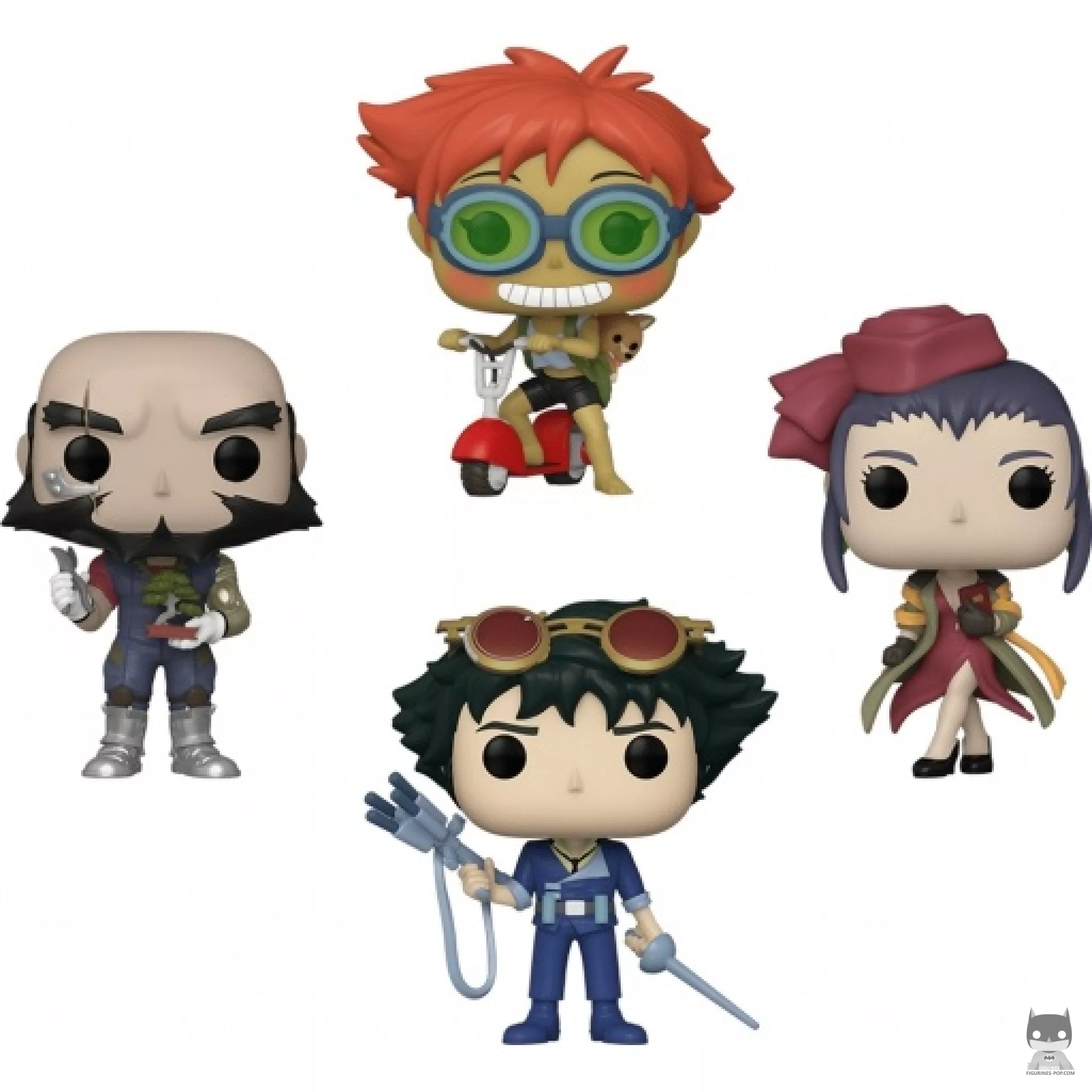 Figurine Funko POP Spike Spiegel, Jet Black, Faye Valentine & Ed & Ein sur scooter (Cowboy Bebop)