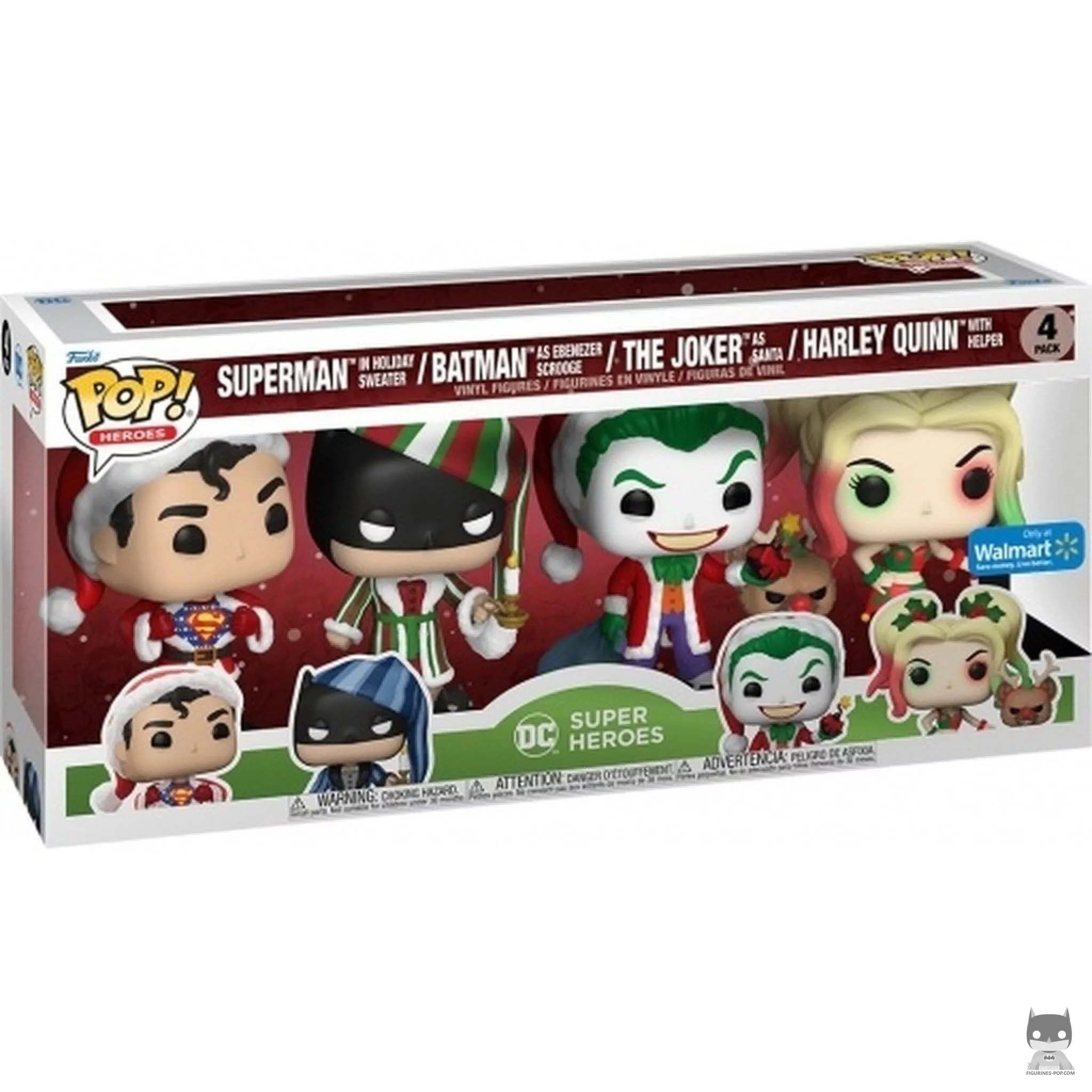 Figurine Funko POP Superman en pull de Noël, Batman en Ebenezer Scrooge, Le Joker en père Noël & Harley Quinn en lutin de Noël avec boîte