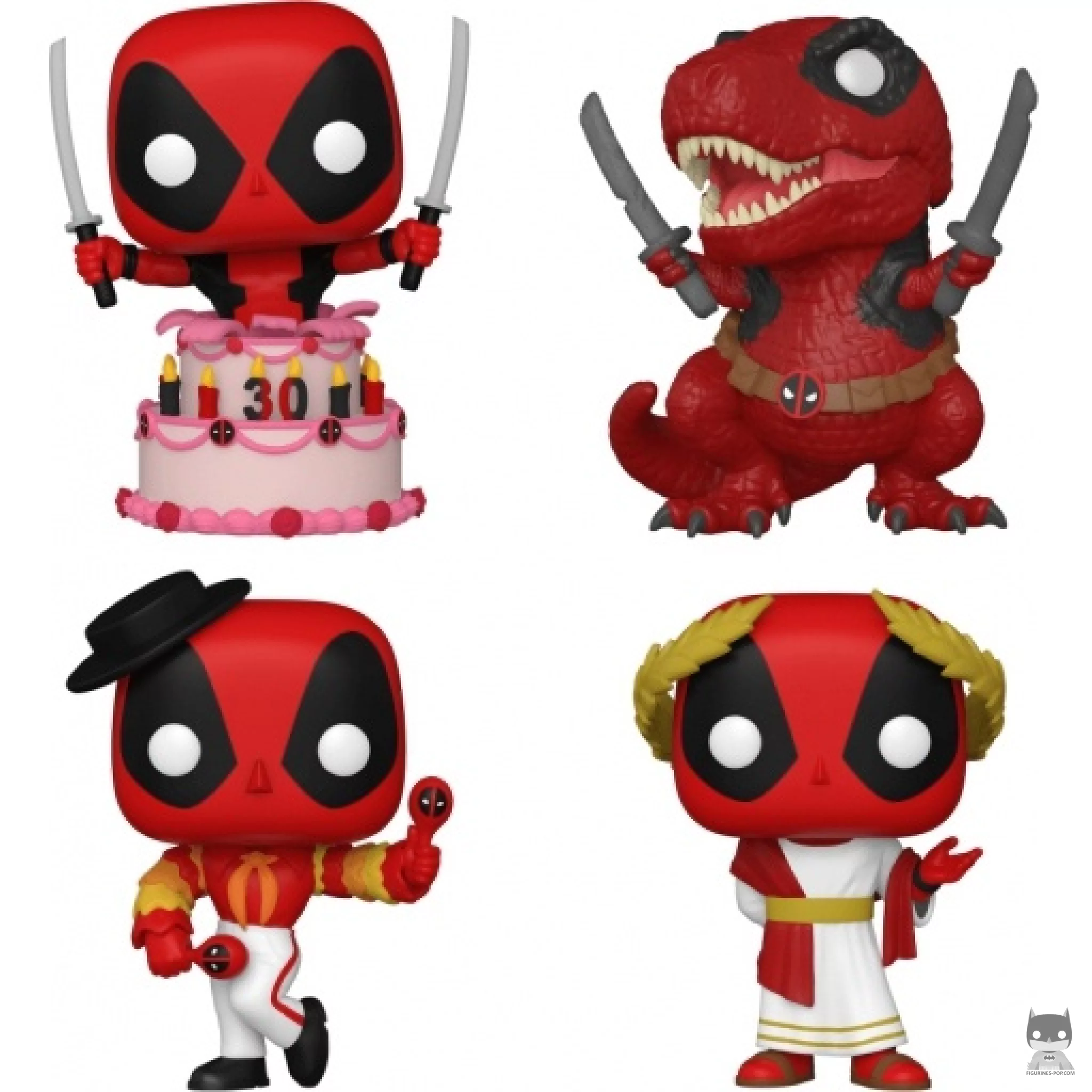 Figurine Funko POP Deadpool dans Gâteau, Dinopool, Deadpool Flamenco & Deadpool Sénateur Romain (Deadpool)