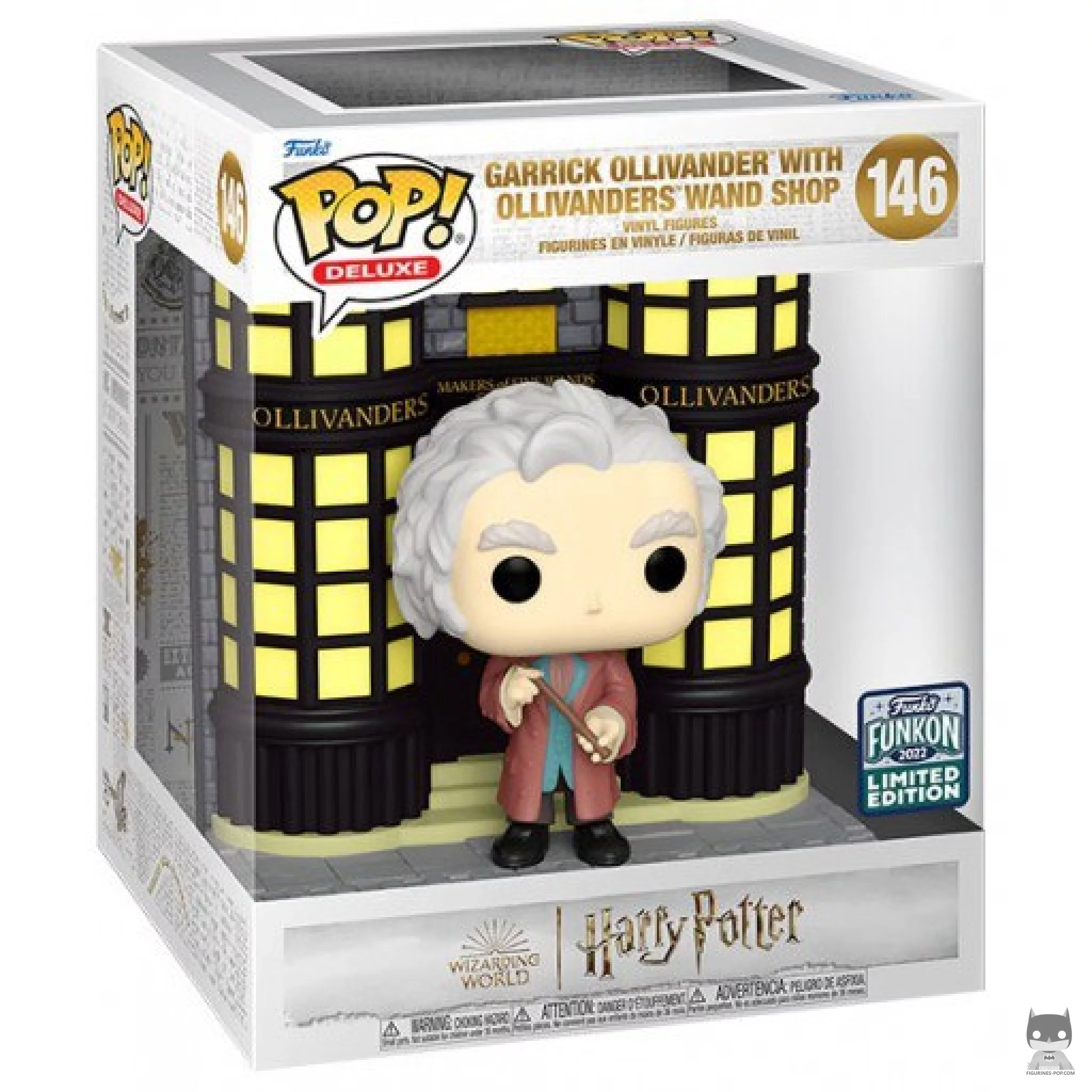 Figurine Funko POP Garrick Ollivander devant Boutique de Baguettes Magiques Ollivanders (Chemin de Traverse) avec boîte