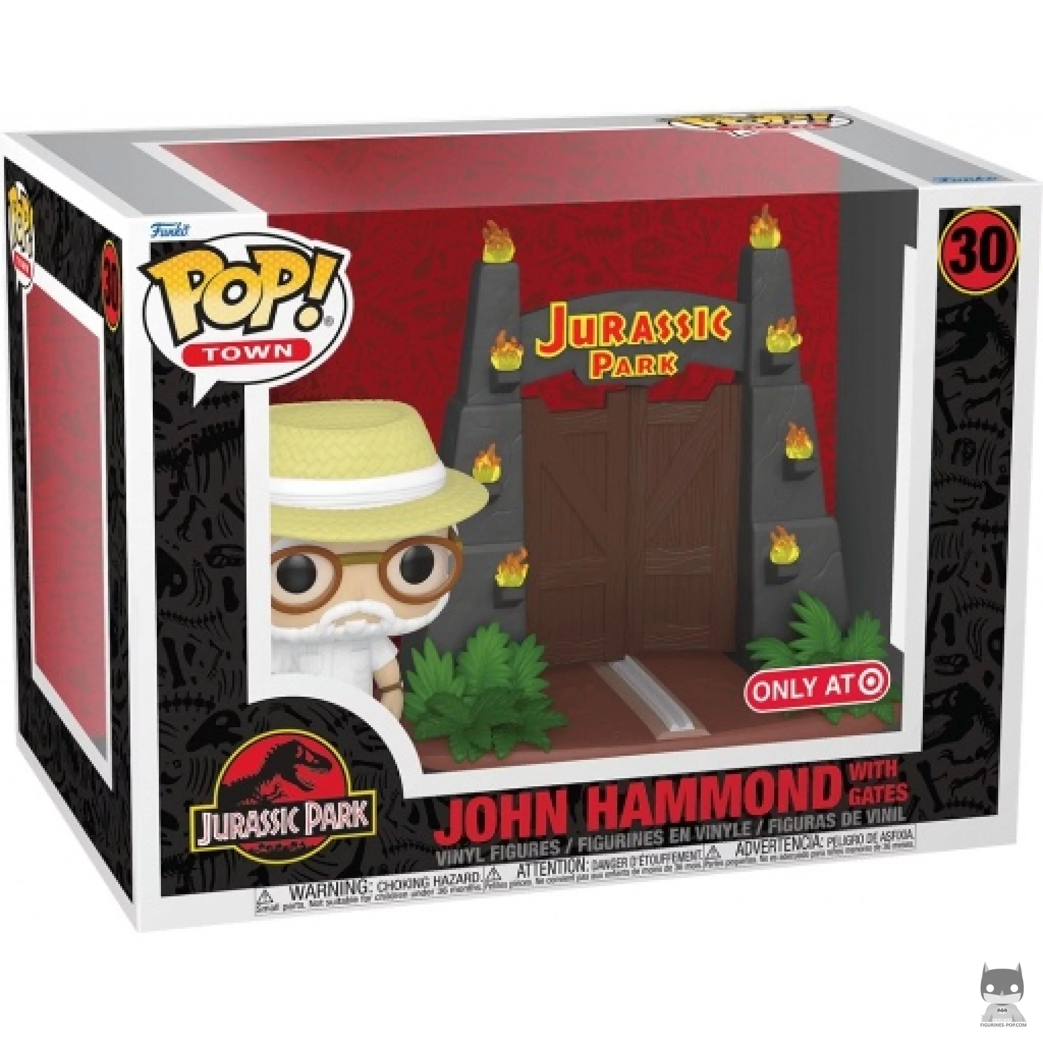 Figurine Funko POP John Hammond devant portes Jurassic Park avec boîte