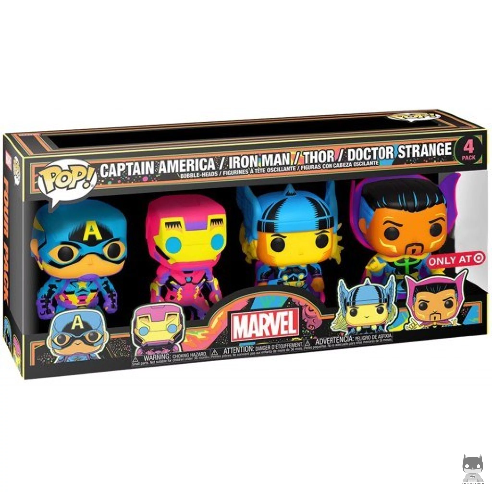 Figurine Funko POP Captain America, Iron Man, Thor & Doctor Strange (Blacklight) avec boîte