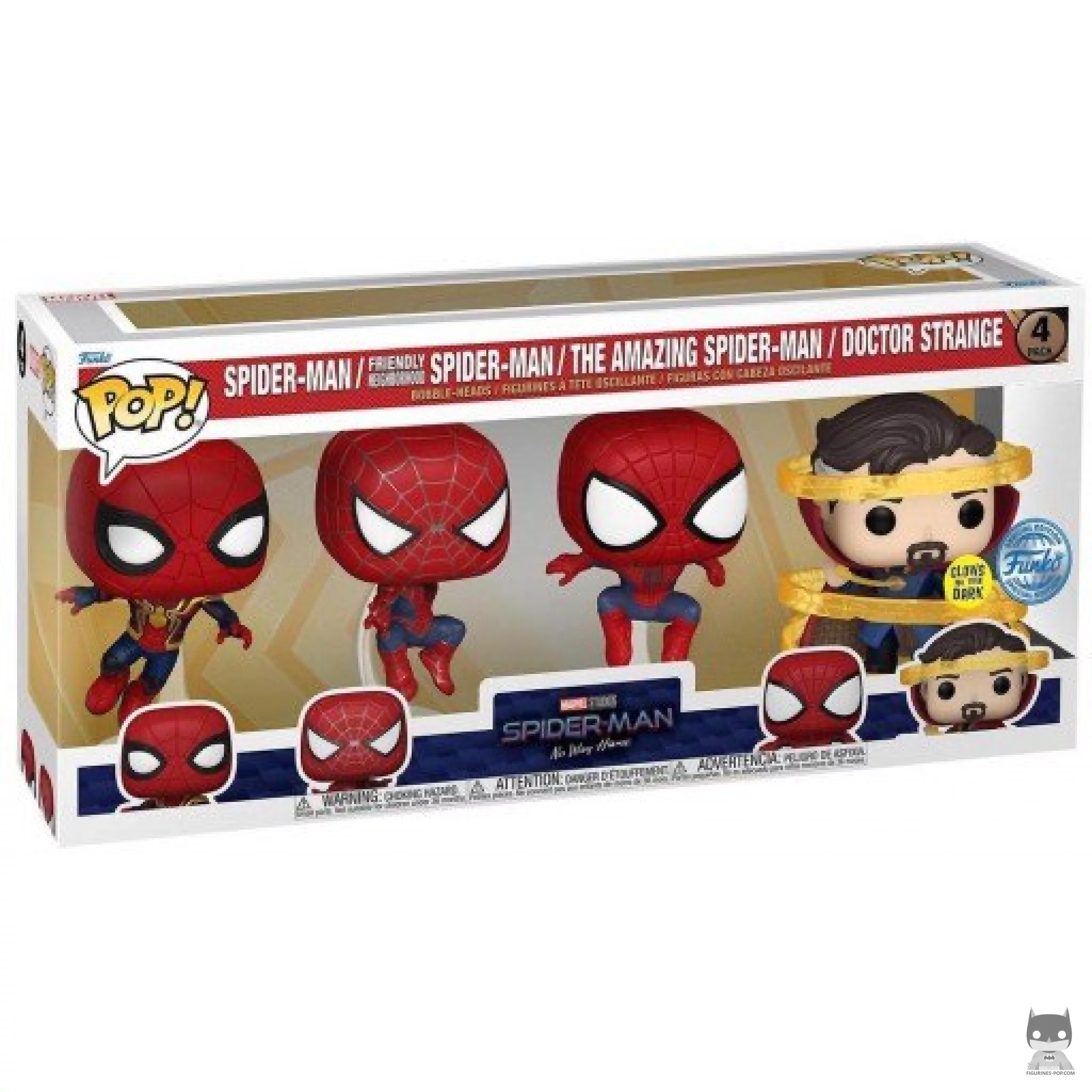 Figurine Funko POP 3 Spider-Man (Tom Holland, Andrew Garfield & Tobey Maguire) & Doctor Strange (Glow in the Dark) avec boîte