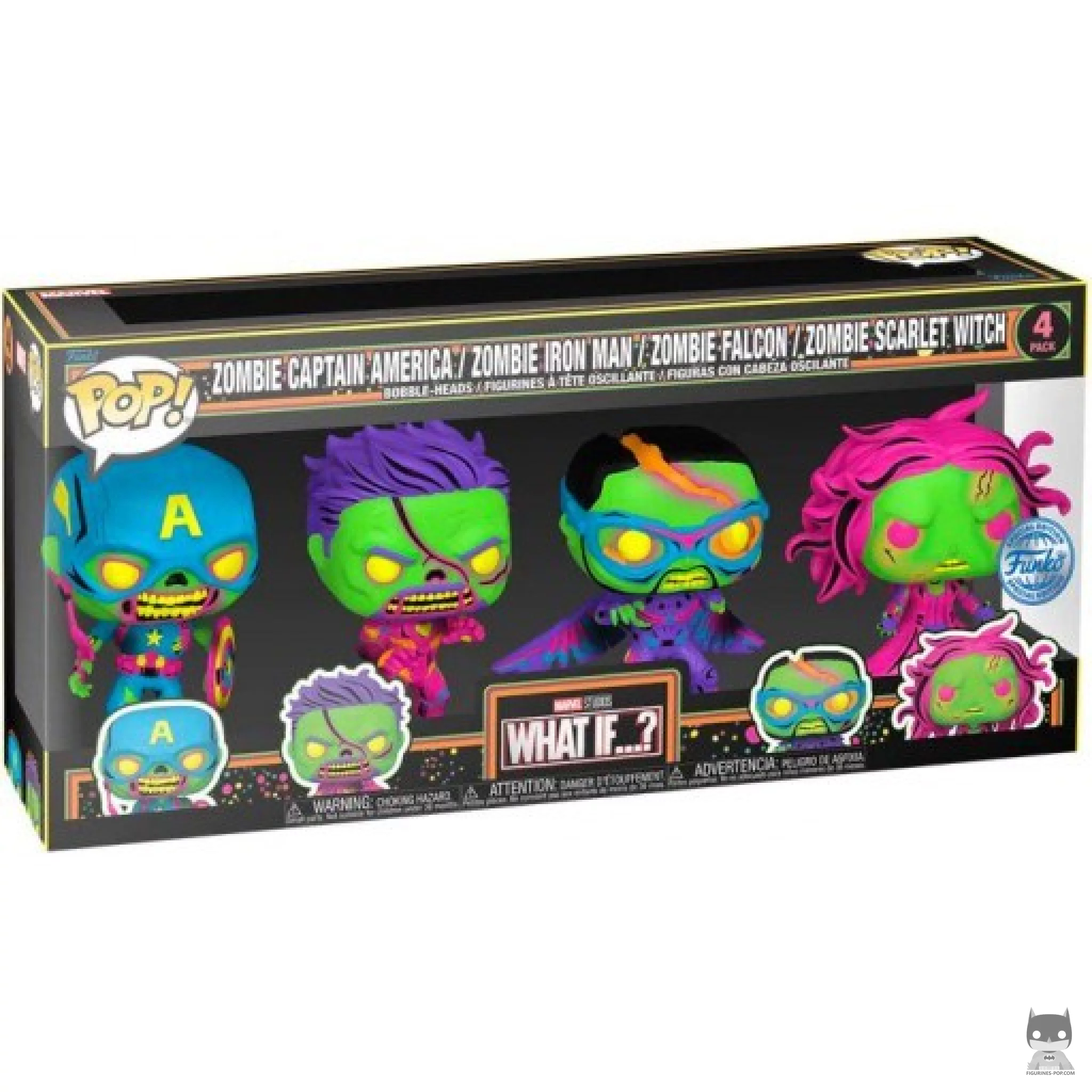 Figurine Funko POP Zombie Captain America, Zombie Iron Man, Zombie Falcon & Zombie Scarlet Witch (Black Light) avec boîte