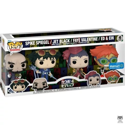 Figurine Funko POP Spike Spiegel, Jet Black, Faye Valentine & Ed & Ein sur scooter (Cowboy Bebop)
