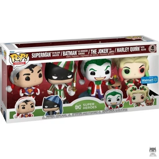 Figurine Funko POP Superman en pull de Noël, Batman en Ebenezer Scrooge, Le Joker en père Noël & Harley Quinn en lutin de Noël (DC Super Heroes)