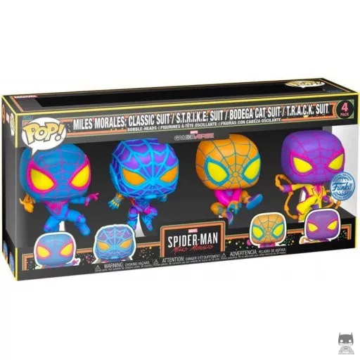 Figurine Funko POP Miles Morales : Costume classique , S.T.R.I.K.E. Costume, Costume du chat Bodega & Costume T.R.A.C.K (Black Light) (Spider-Man: Miles Morales)