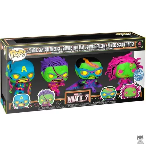 Figurine Funko POP Zombie Captain America, Zombie Iron Man, Zombie Falcon & Zombie Scarlet Witch (Black Light) (What If...?)