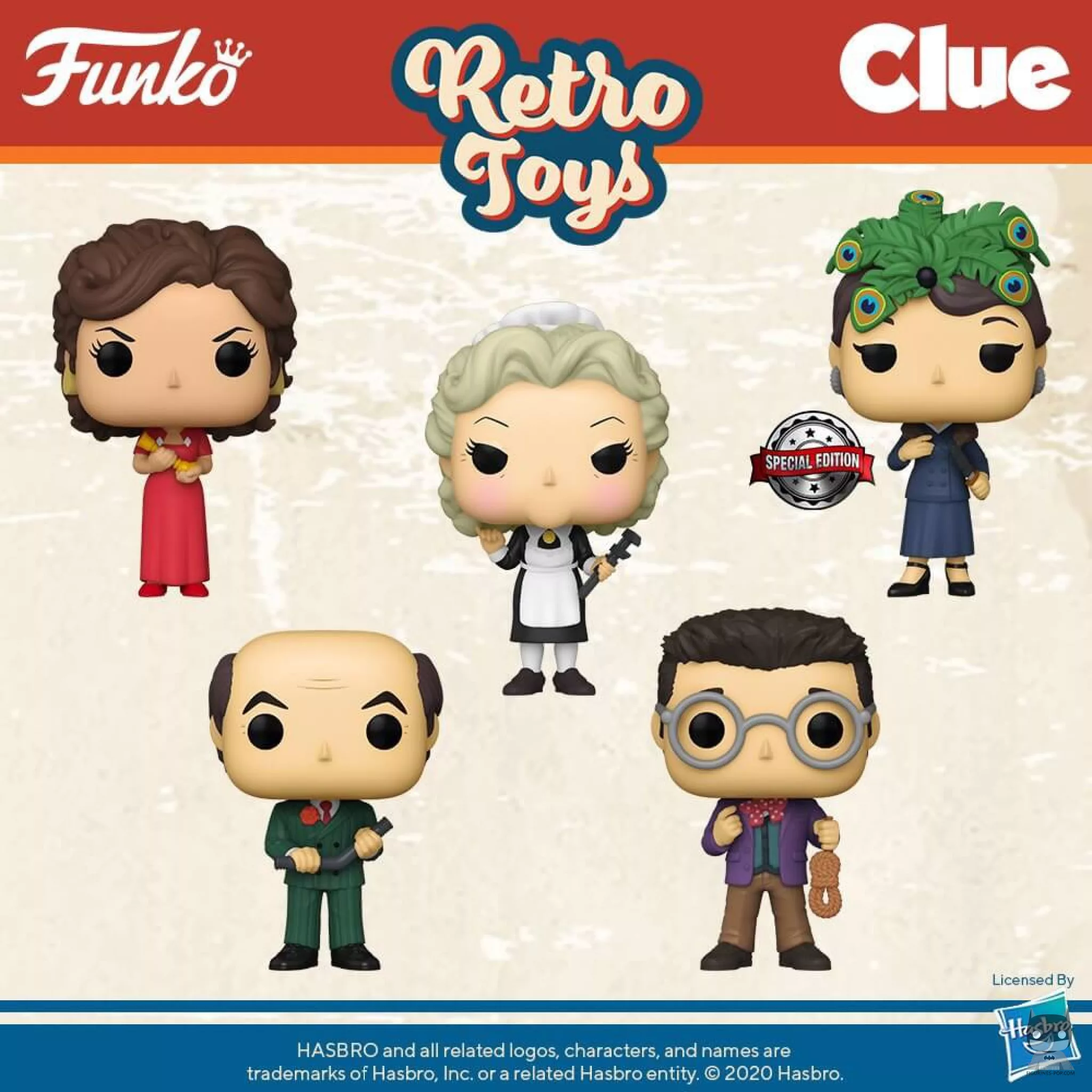 5 personnages du jeu Cluedo en POP
