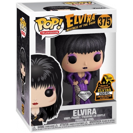 Elvira Maîtresse des Ténèbres (Violet & Diamond Glitter) dans sa boîte
