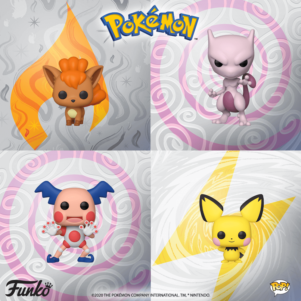 Les figurines POP Pokémon de Pichu, MewTwo, Goupix (Vuplix) et Mr. Mime